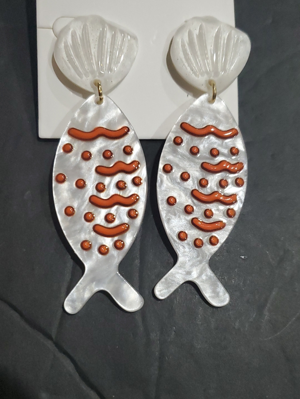 White orange mother of pearl style acrylic seashell fish shaped dangle earrings